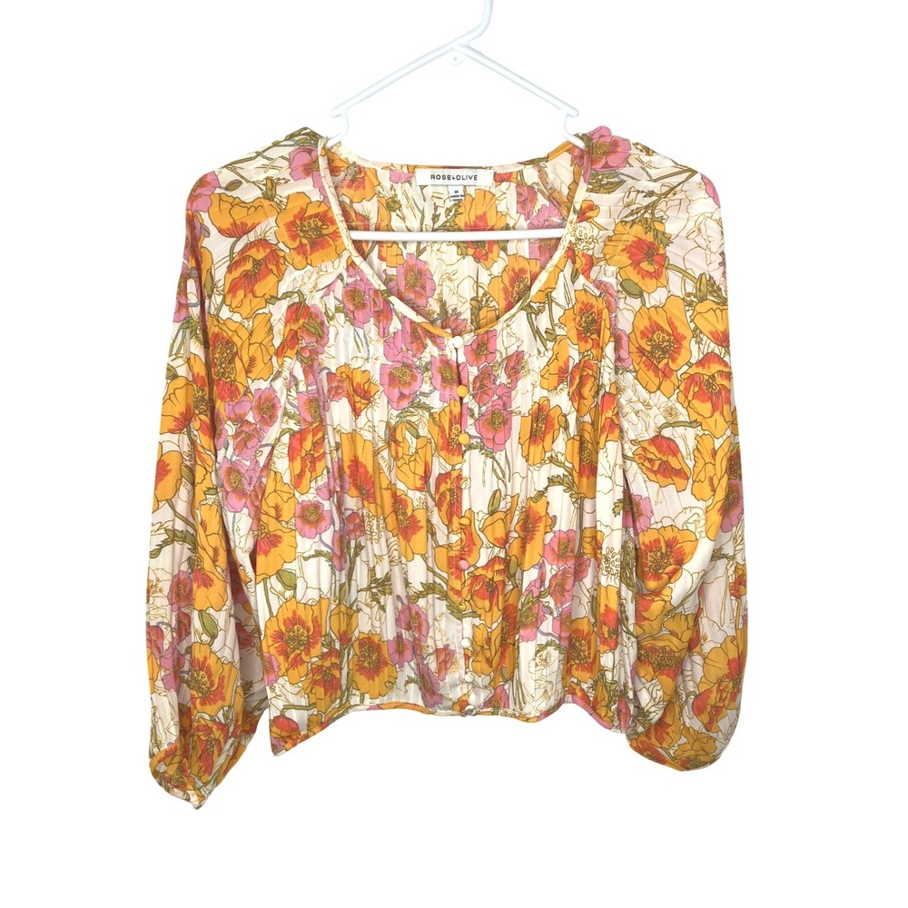 Rose & Olive Balloon Sleeve Floral V-neck Blouse‎ Yellow Pink Medium Boho